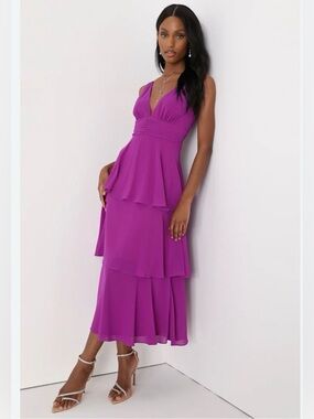 Lulu's Magenta Tiered V-Neck Midi Dress